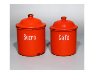 Pair of Vintage French Enamelware R ed Enamel Canisters, Sugar and ...