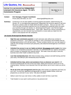 CONFIDENTIAL Life Quotes Inc BROKERAGECLUB POSITION TITLE AND ...