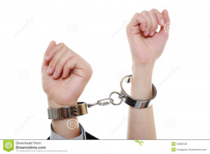 ... and wife.. Man women hands in handcuffs. Isolated on white background
