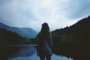 fog, forest, girl, lake, looking, nature, staring, tree, valley, view