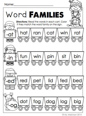 December Printables for Kindergarten - Christmas Elf Word Families