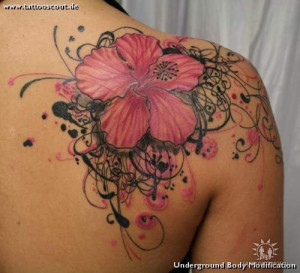 Pink Hibiscus Tattoo with Pink and Black Paint Splatter by 2Face ...