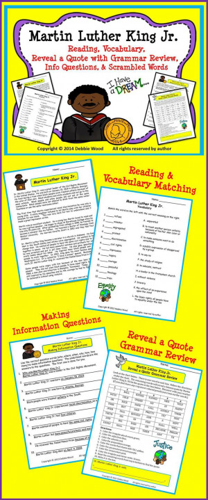 Martin Luther King Jr. Reading/ Vocab/ Quote with Grammar Review/ Info ...