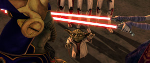 Ventress' assassination attempt is thwarted by Master Yoda.