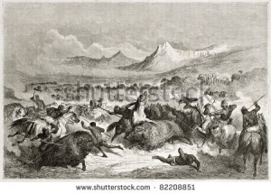 Old illustration of native Americans hunting buffalo. Created by Dore ...