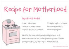 Recipe for motherhood ~ Baby shower favor -- recipe on back attached ...