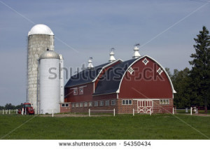 red barn with silos and tractor on a dairy farm by dcwcreations, via ...