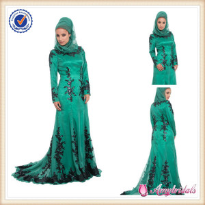 de jade de color piso sirena de manga larga musulmana vestido de noche
