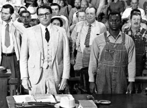 At the defense table: Gregory Peck (foreground, left) and Brock Peters ...