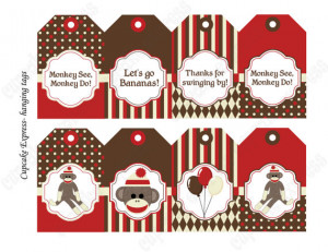 INSTAND DOWNLOAD diy Sock Monkey Birthday Printable Party Hanging Tags ...
