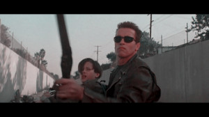 Arnold Schwarzenegger (The Terminator) and Edward Furlong (John Connor ...