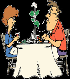 funny cartoon of couple dining at restaurant; the flower vase is in ...