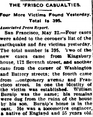 San Francisco 1906 Earthquake Newspaper Article