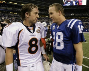 Indianapolis Colts quarterback Peyton Manning, right, talks with ...