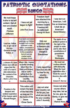 Patriotic Quotations Bingo Game from BingoforPatriots.com