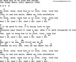 Song Lyrics with guitar chords for To Know Him Is To Love Him