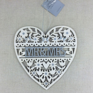 Mr & Mrs - Glitter white wooden hanging Heart Decoration