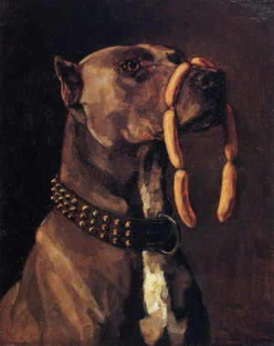 Wilhelm Trübner: Dogge mit Würsten. Ave Caesar morituri te salutant ...