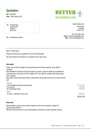 Builders quote with full material breakdown. Download sample as a PDF