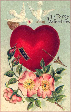 Vintage Valentine's Day cards: Two white doves, a big heart and rose ...