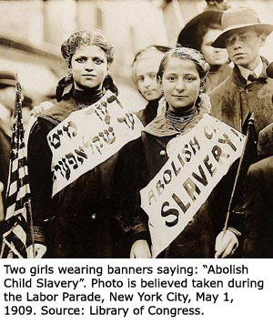 Old photo of the child labor parade. Two girls with banners: abadon ...