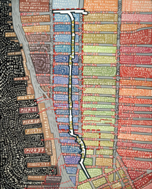 Lower Manhattan, by Paula Scher, featuring the path of the High-Line ...