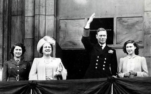 King George VI, the Queen and the princesses waving from the palace ...