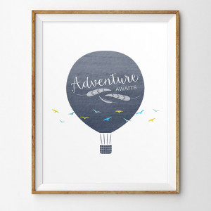 Adventure awaits print, Aviation nursery, Hot air balloon print, Boy ...