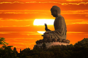 Buddha Statue Over Scenic Sunset Sky Background In Hong Kong China ...