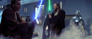 Qui-Gon and Obi-Wan prepare to fight their way out of the Trade ...