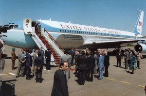 ... wave from Air Force One upon their landing in Moscow, Russia, 1988