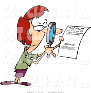 Clip Art of a Woman Using a Magnifying Glass to Inspect the Fine Print ...