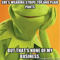 Kermit the frog - She's wearing stripe top and plaid pants But that's ...