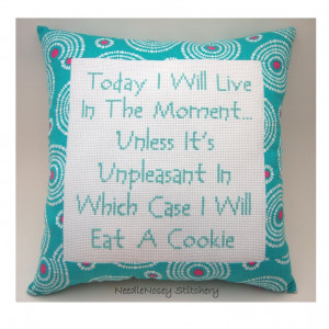Funny Cross Stitch Pillow, Funny Quote, Teal And Pink Pillow, Live In ...