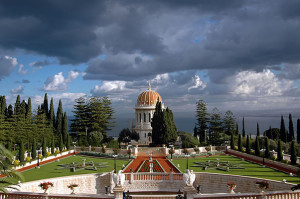 The completed Shrine of the Báb and gardens. The circle of cypress ...