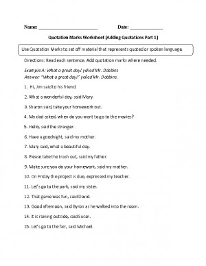 Adding Quotations Quotation Marks Worksheet