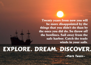 Boat at sunset with mark twain quote