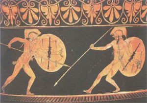 Achilles slays Hector of Troy.