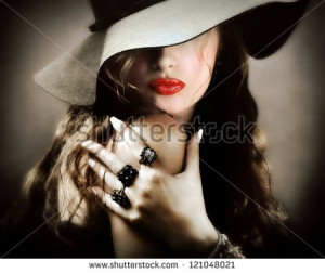 Sexy young pretty woman / model with red lips, vintage / retro hat and ...
