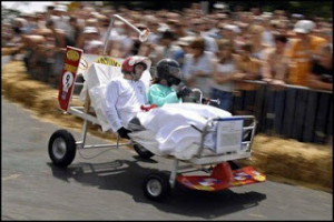 funny hospital bed photo in a car race weird