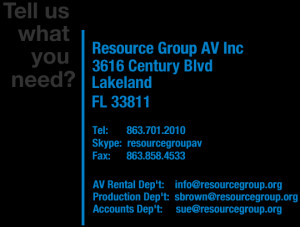 contact details for Resource Group AV audio Lighting and staging