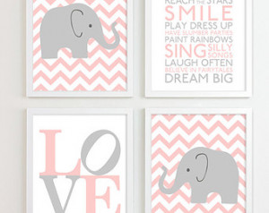 girl nursery art prints chevro n elephant playroom art kids girls wall ...