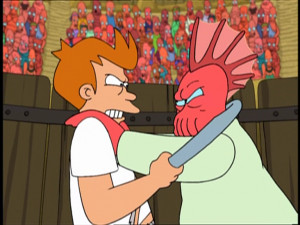 Zoidberg and his friend Fry , battling in Claw-Plach . [2ACV05]