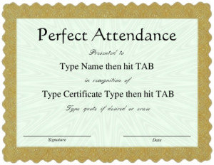 Perfect Attendance award with a formal gold frame design. All majog ...
