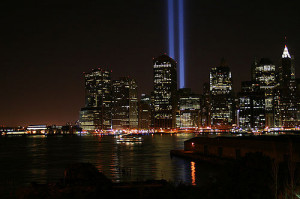 Lower Manhattan Skyline with 9/11 Towers of Light Wall Mural - Photo ...