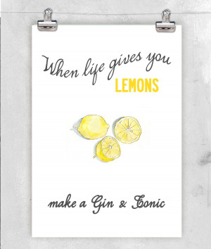 ... and fresh Lemon Illustration with Gin Quote. Fine Art Print Or Canvas