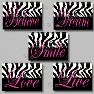 PINK Zebra Print SMILE DREAM LIVE LOVE BELIEVE Quote Art Girls Room ...