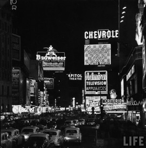 Andreas Feininger: Night view of taxi and traffic congestion looking ...