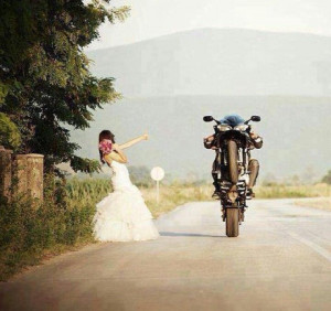 Runaway bride, motorcycle wedding, wedding dress, bride motorcycle,