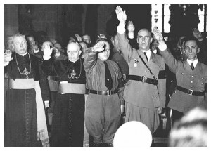 Catholic priests give a lukewarm salute alongside Nazi leaders